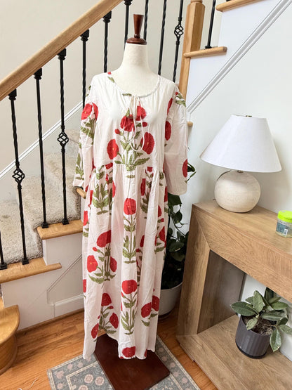 White Poppy Block Print Dresses For Women - Cotton Maxi Summer Dress Boho Womens Clothing -Loose Flowy Sundress For Garden Party or Vacation