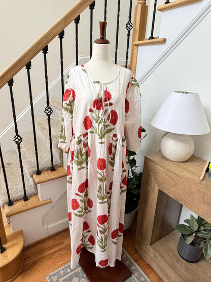 White Poppy Block Print Dresses For Women - Cotton Maxi Summer Dress Boho Womens Clothing -Loose Flowy Sundress For Garden Party or Vacation