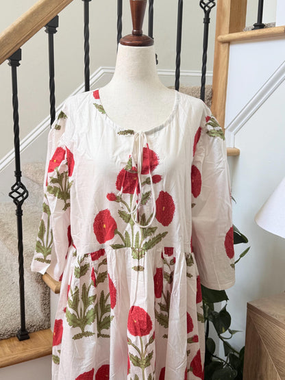 White Poppy Block Print Dresses For Women - Cotton Maxi Summer Dress Boho Womens Clothing -Loose Flowy Sundress For Garden Party or Vacation