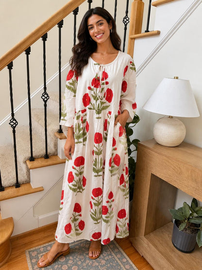 White Poppy Block Print Dresses For Women - Cotton Maxi Summer Dress Boho Womens Clothing -Loose Flowy Sundress For Garden Party or Vacation