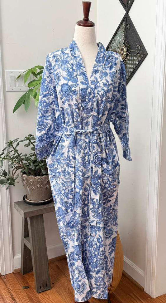 Blue Floral Cotton Kimono Robe, Lightweight Block Print Bathrobe, Boho Bridal Loungewear