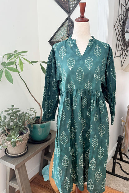 Floral Hand Block Print Cotton Midi Dress Boho Womens Clothing - Beachy Boho Vacation Sundress - Everyday Summer Dresses For Women