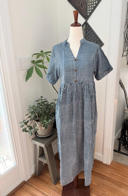 Blue Cotton Stripes Summer Dress for Women  - Mock Button Front with Pockets on both sides Cotton Dresses For Women - Boho Vacation Outfit