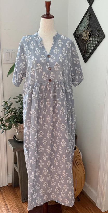 Gray and White Floral Dress With Pockets Summer Women Clothing - Hand Block Print Cotton Dress For Beach Vacation - Button Down Casual Dress