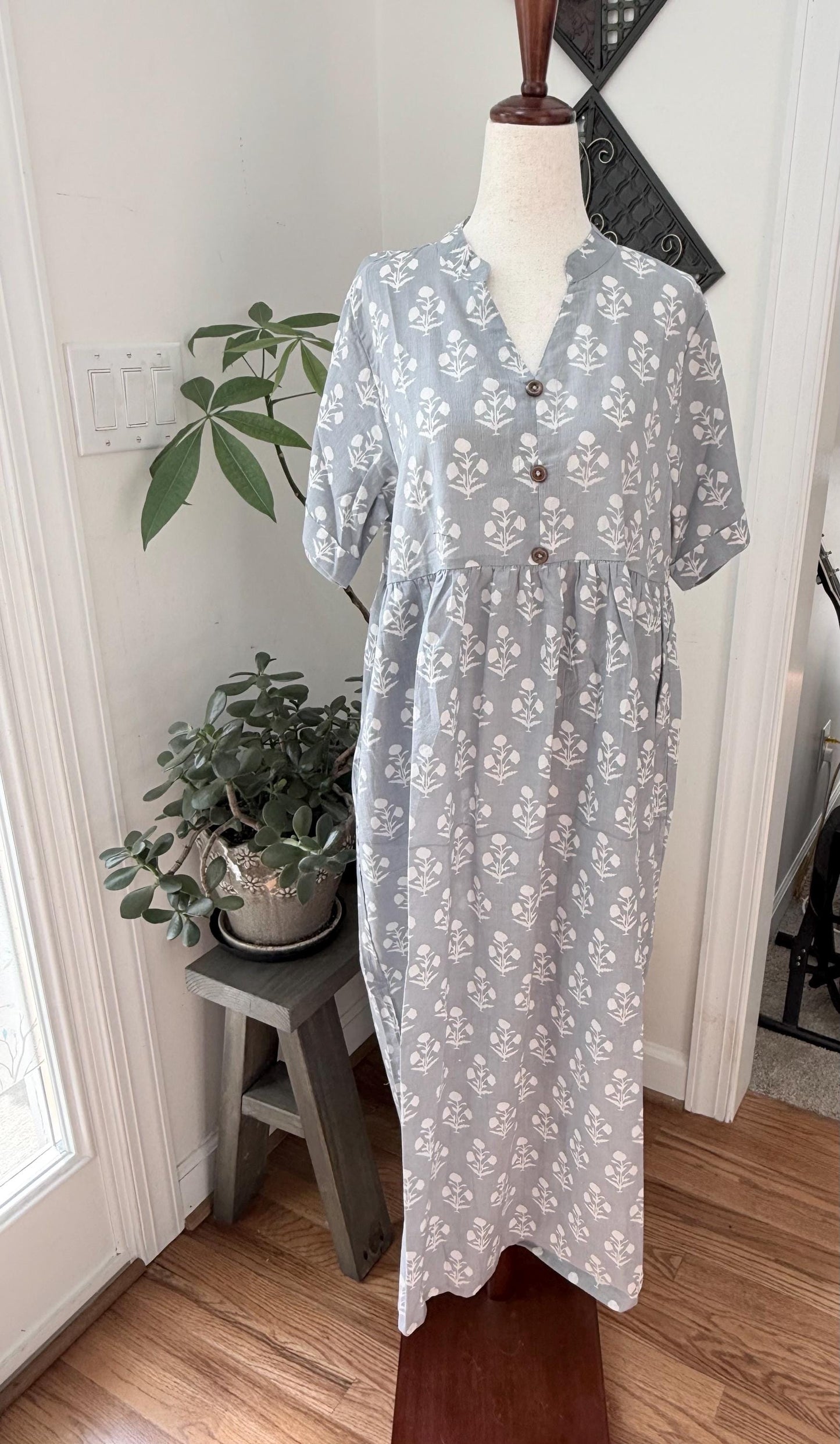 Gray and White Floral Dress With Pockets Summer Women Clothing - Hand Block Print Cotton Dress For Beach Vacation - Button Down Casual Dress
