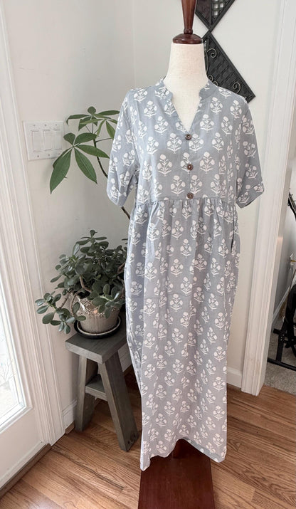 Gray and White Floral Dress With Pockets Summer Women Clothing - Hand Block Print Cotton Dress For Beach Vacation - Button Down Casual Dress