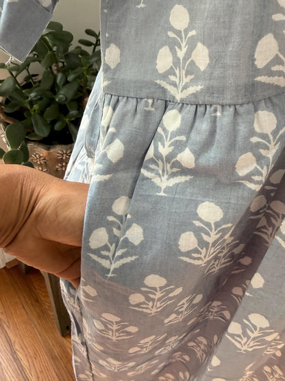 Gray and White Floral Dress With Pockets Summer Women Clothing - Hand Block Print Cotton Dress For Beach Vacation - Button Down Casual Dress