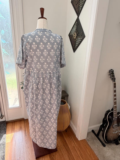 Gray and White Floral Dress With Pockets Summer Women Clothing - Hand Block Print Cotton Dress For Beach Vacation - Button Down Casual Dress