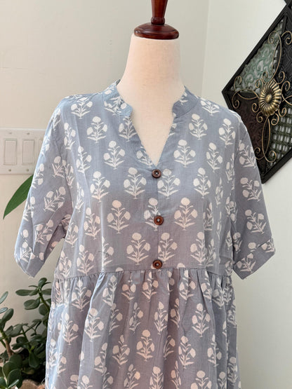 Gray and White Floral Dress With Pockets Summer Women Clothing - Hand Block Print Cotton Dress For Beach Vacation - Button Down Casual Dress