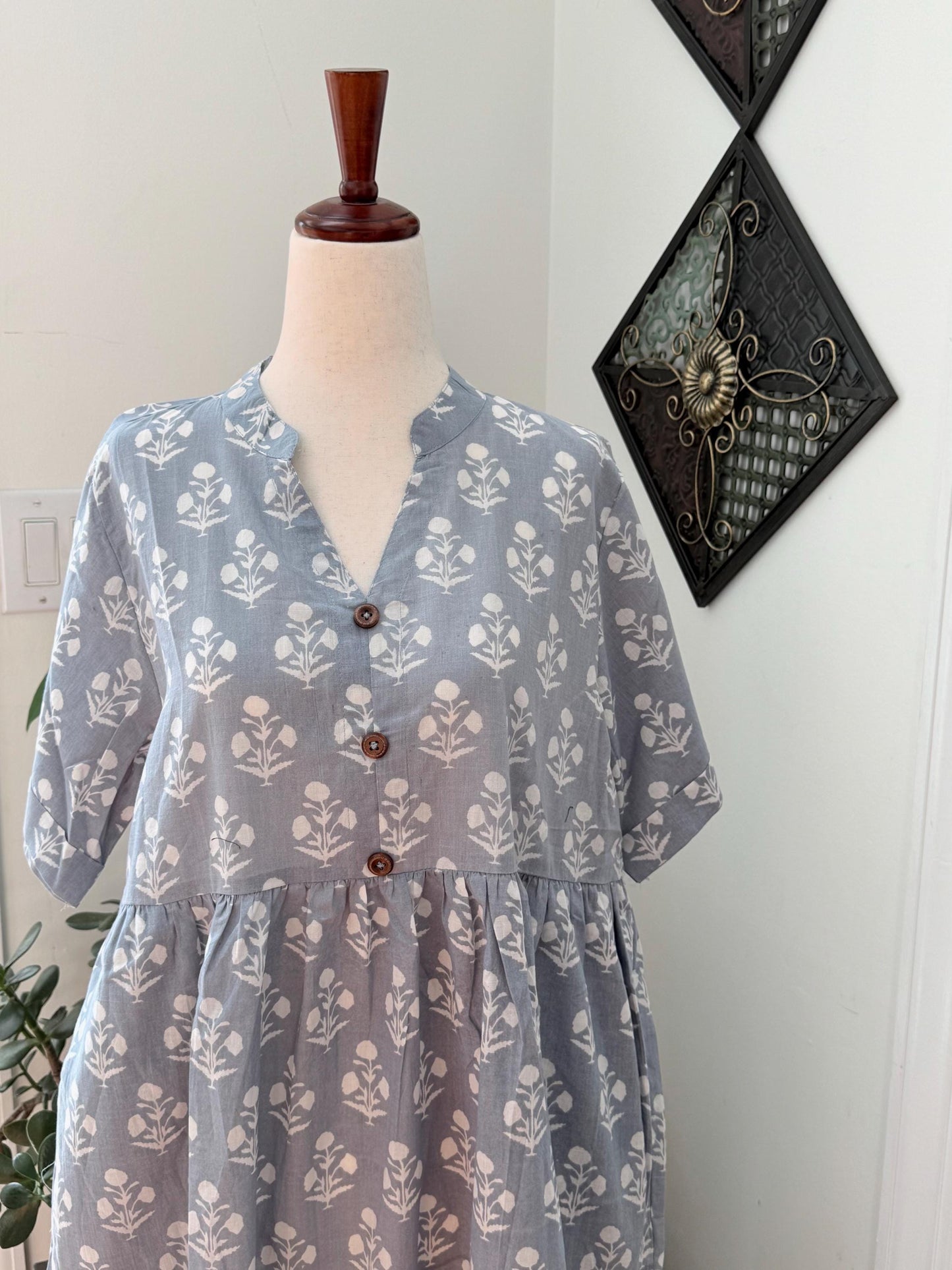 Gray and White Floral Dress With Pockets Summer Women Clothing - Hand Block Print Cotton Dress For Beach Vacation - Button Down Casual Dress