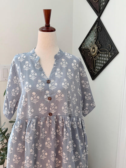 Gray and White Floral Dress With Pockets Summer Women Clothing - Hand Block Print Cotton Dress For Beach Vacation - Button Down Casual Dress