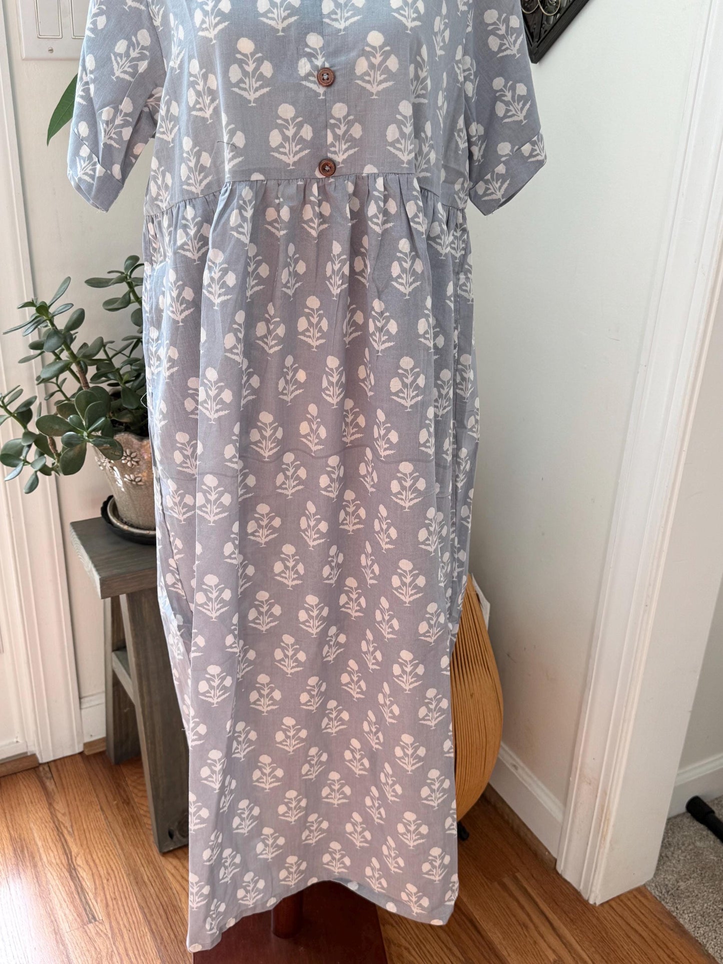 Gray and White Floral Dress With Pockets Summer Women Clothing - Hand Block Print Cotton Dress For Beach Vacation - Button Down Casual Dress
