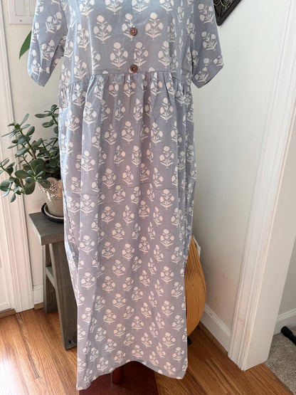 Gray and White Floral Dress With Pockets Summer Women Clothing - Hand Block Print Cotton Dress For Beach Vacation - Button Down Casual Dress