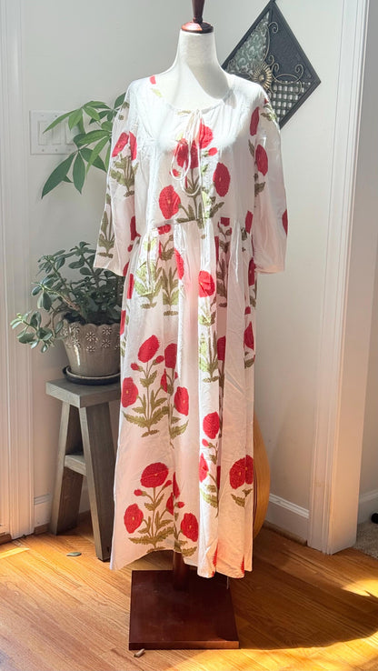 White Poppy Block Print Dresses For Women - Cotton Maxi Summer Dress Boho Womens Clothing -Loose Flowy Sundress For Garden Party or Vacation