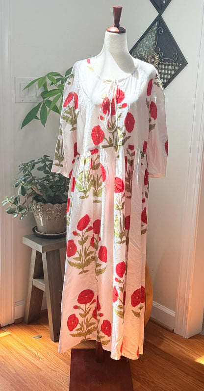 White Poppy Block Print Dresses For Women - Cotton Maxi Summer Dress Boho Womens Clothing -Loose Flowy Sundress For Garden Party or Vacation