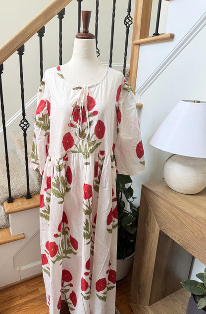 White Poppy Block Print Dresses For Women - Cotton Maxi Summer Dress Boho Womens Clothing -Loose Flowy Sundress For Garden Party or Vacation