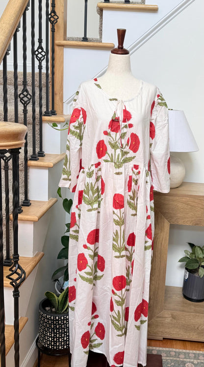 White Poppy Block Print Dresses For Women - Cotton Maxi Summer Dress Boho Womens Clothing -Loose Flowy Sundress For Garden Party or Vacation