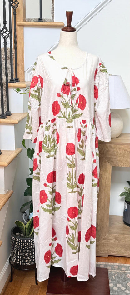 White Poppy Block Print Dresses For Women - Cotton Maxi Summer Dress Boho Womens Clothing -Loose Flowy Sundress For Garden Party or Vacation