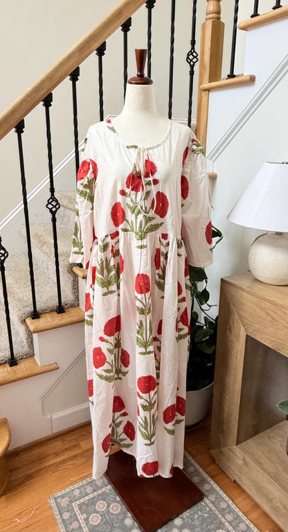 White Poppy Block Print Dresses For Women - Cotton Maxi Summer Dress Boho Womens Clothing -Loose Flowy Sundress For Garden Party or Vacation