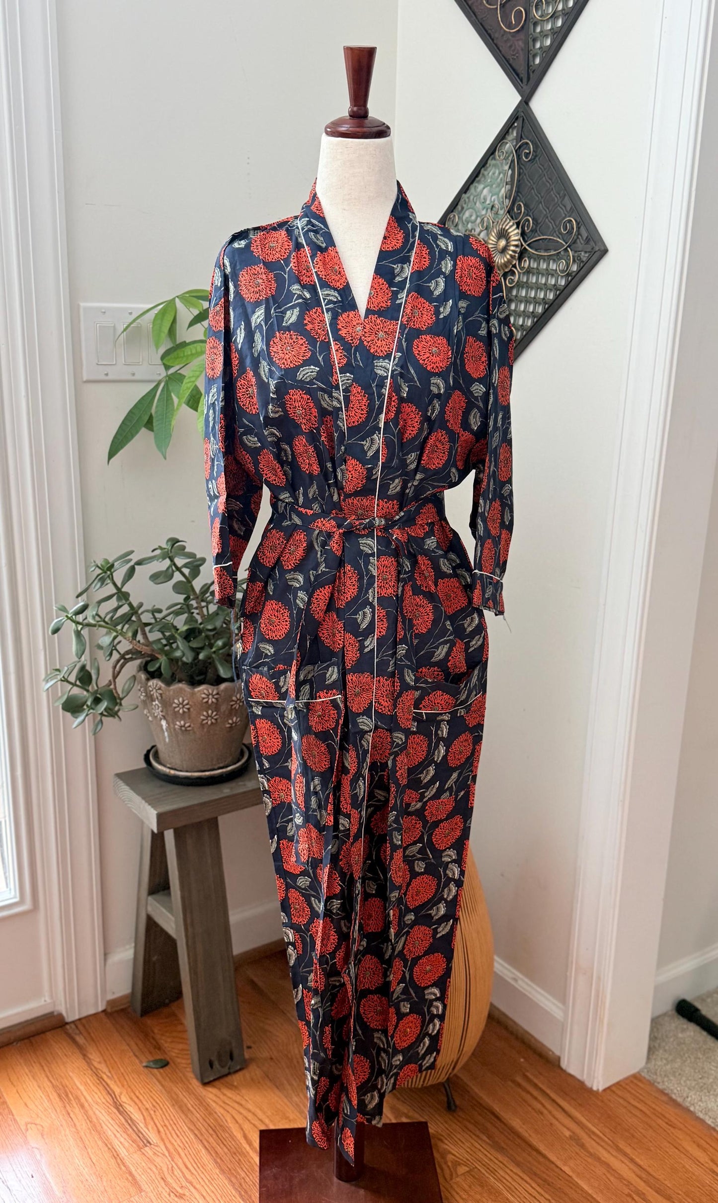 Boho Morning Kimono Robe Block Print Cotton -  Indian Vacation Robe Best Beach Cover Up Summer Womens Clothing - Spa Bathrobe or House Coat