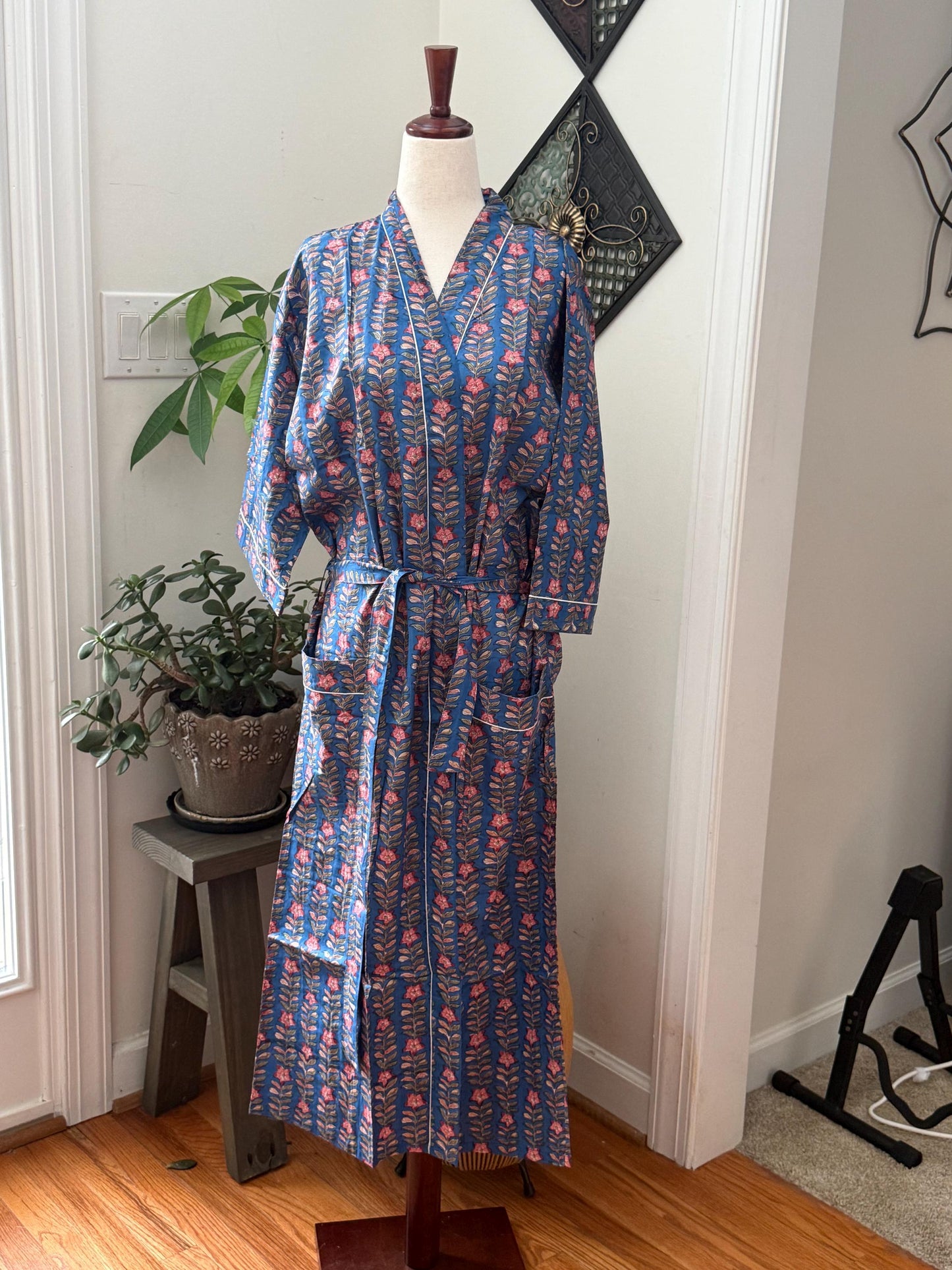 Boho Morning Kimono Robe Block Print Cotton -  Indian Vacation Robe Best Beach Cover Up Summer Womens Clothing - Spa Bathrobe or House Coat