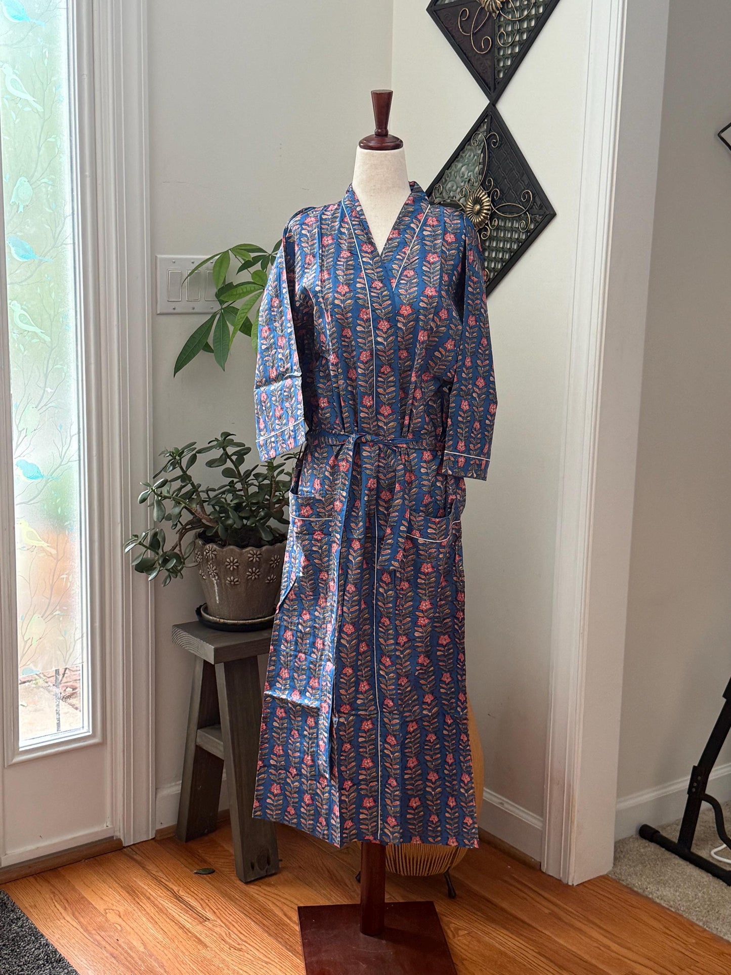 Boho Morning Kimono Robe Block Print Cotton -  Indian Vacation Robe Best Beach Cover Up Summer Womens Clothing - Spa Bathrobe or House Coat