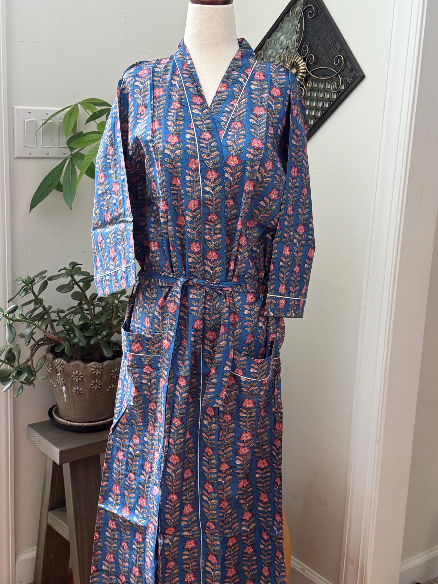 Boho Morning Kimono Robe Block Print Cotton -  Indian Vacation Robe Best Beach Cover Up Summer Womens Clothing - Spa Bathrobe or House Coat