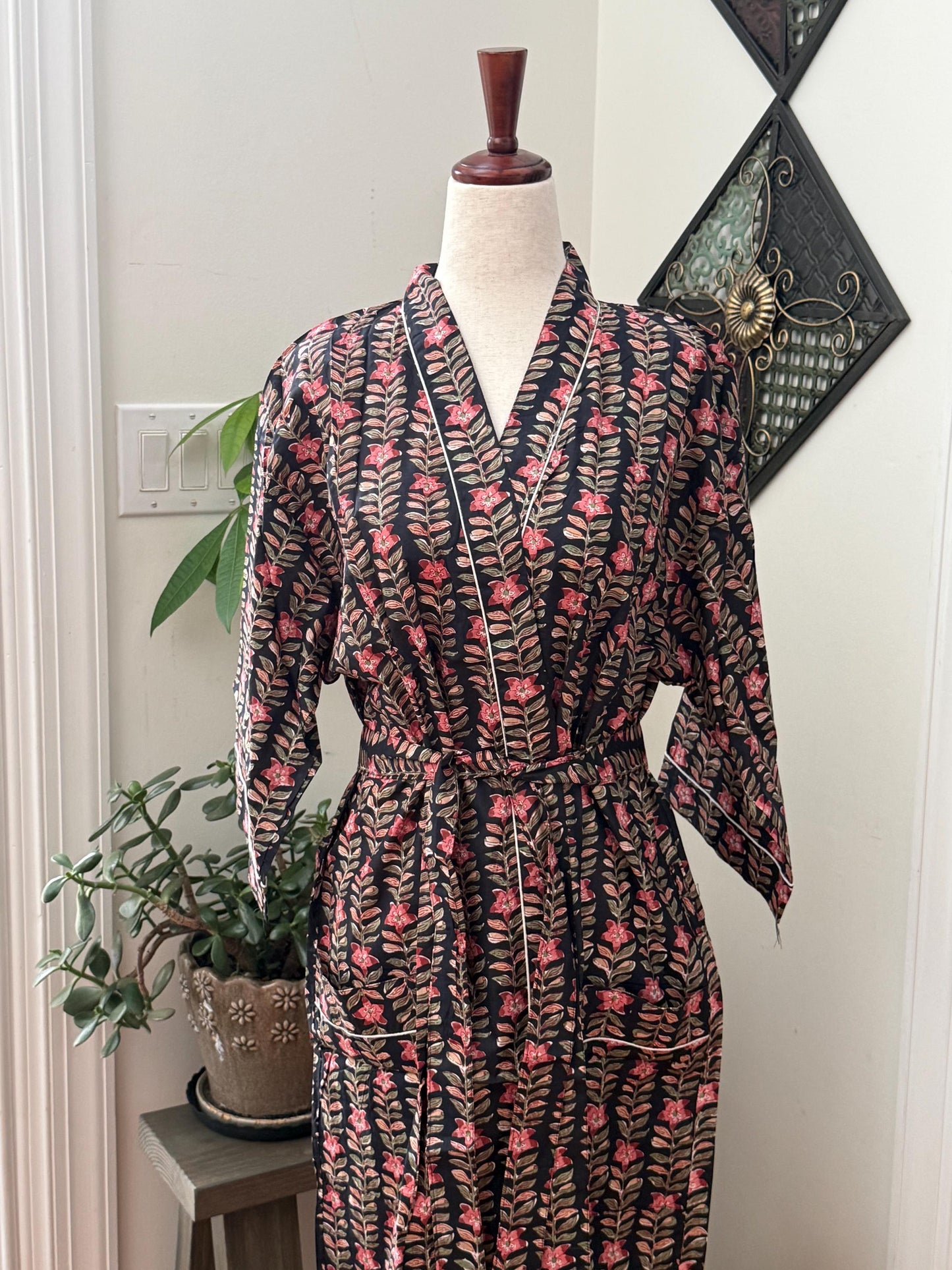 Boho Morning Kimono Robe Block Print Cotton -  Indian Vacation Robe Best Beach Cover Up Summer Womens Clothing - Spa Bathrobe or House Coat