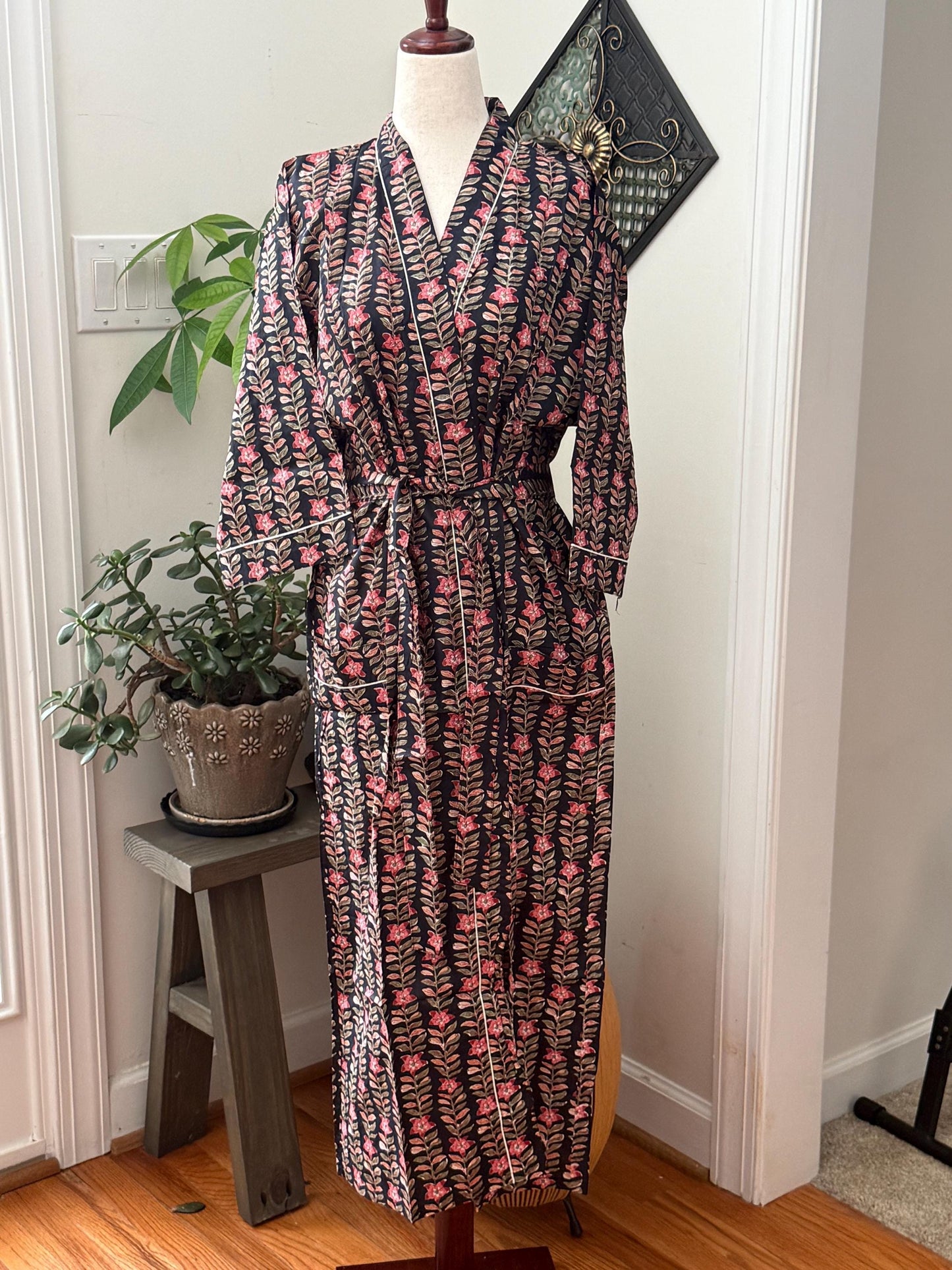 Boho Morning Kimono Robe Block Print Cotton -  Indian Vacation Robe Best Beach Cover Up Summer Womens Clothing - Spa Bathrobe or House Coat