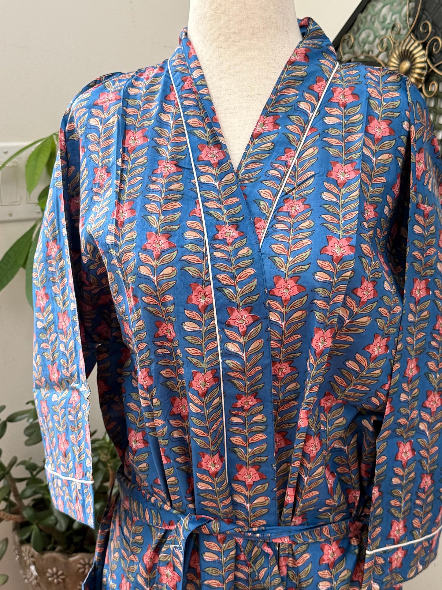 Boho Morning Kimono Robe Block Print Cotton -  Indian Vacation Robe Best Beach Cover Up Summer Womens Clothing - Spa Bathrobe or House Coat