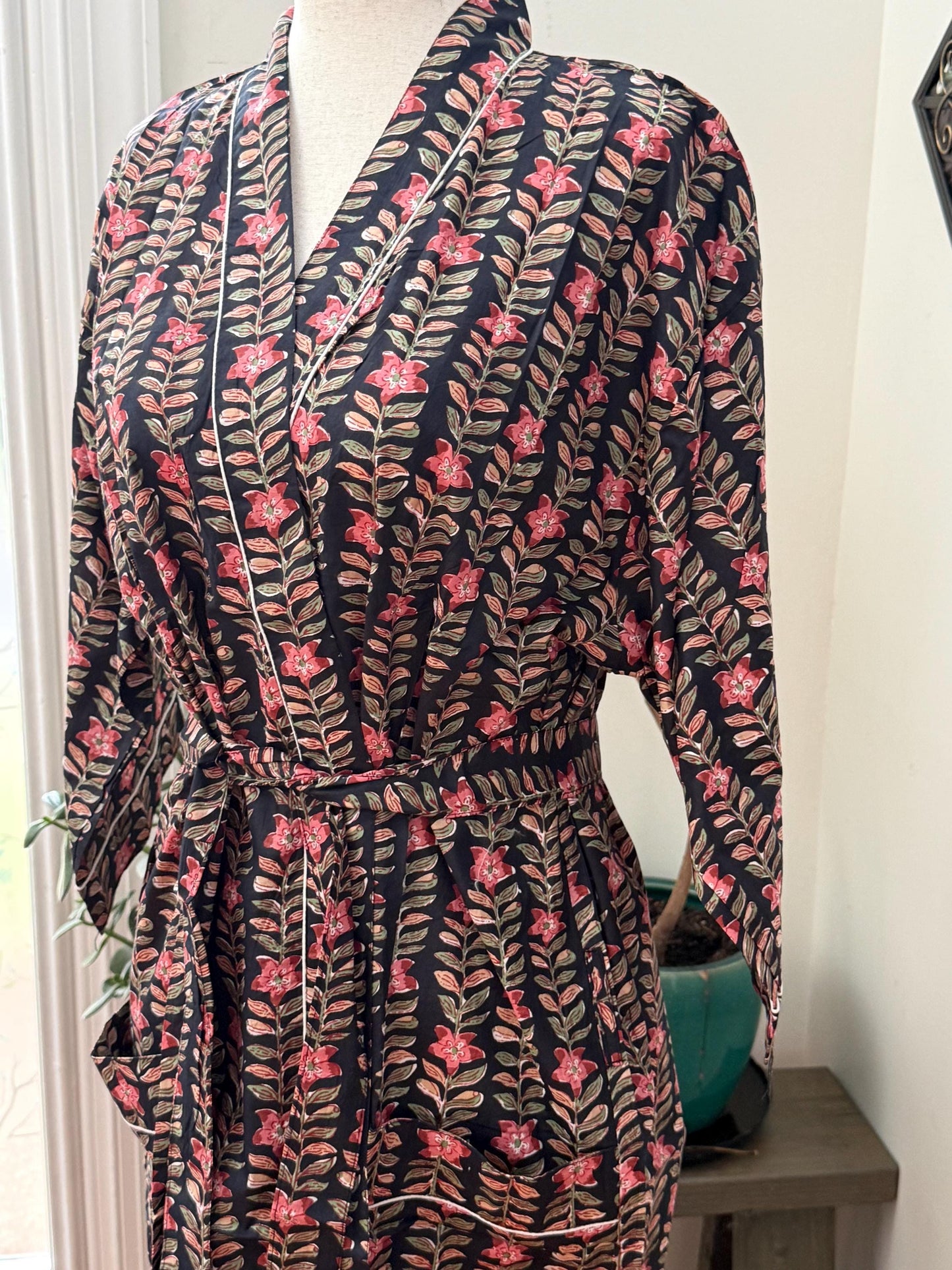 Boho Morning Kimono Robe Block Print Cotton -  Indian Vacation Robe Best Beach Cover Up Summer Womens Clothing - Spa Bathrobe or House Coat