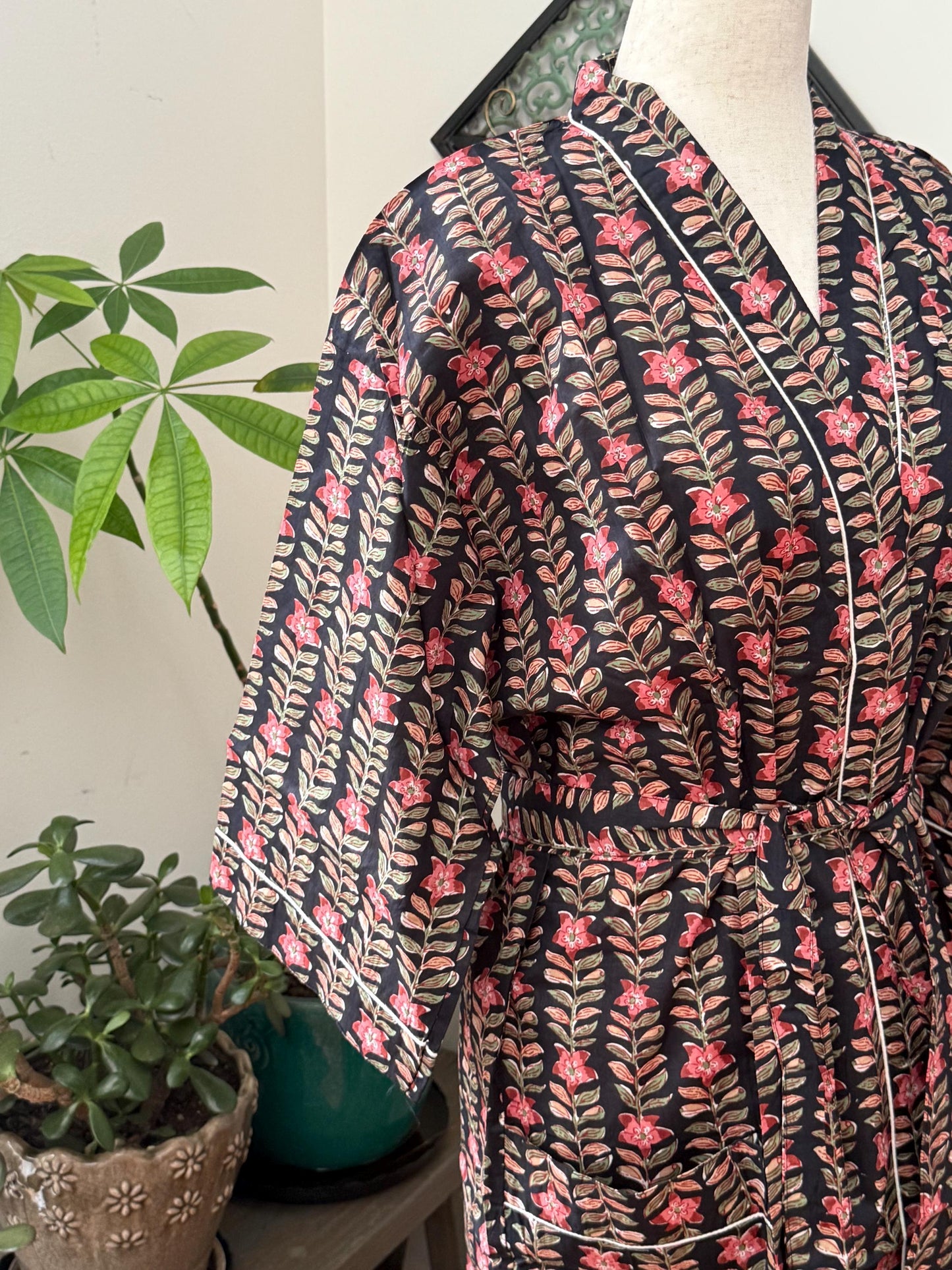 Boho Morning Kimono Robe Block Print Cotton -  Indian Vacation Robe Best Beach Cover Up Summer Womens Clothing - Spa Bathrobe or House Coat