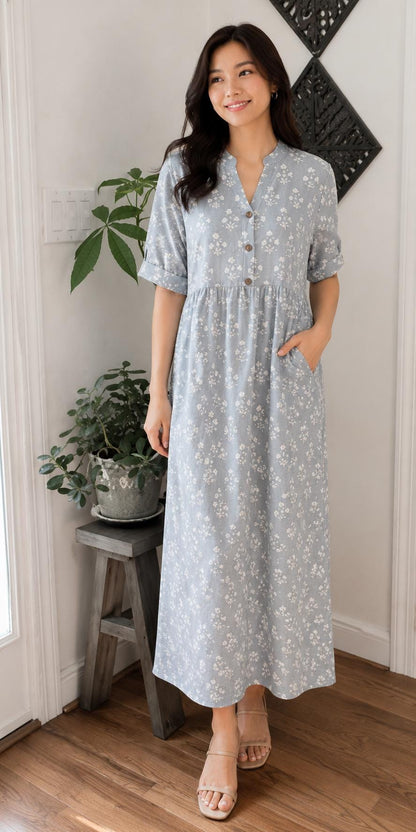 Gray and White Floral Dress With Pockets Summer Women Clothing - Hand Block Print Cotton Dress For Beach Vacation - Button Down Casual Dress