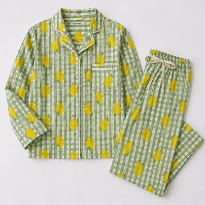 Lime Green Floral Loungewear, Block Print Cotton Pj Set,