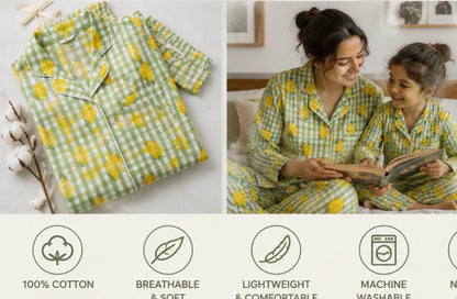 Lime Green Floral Loungewear, Block Print Cotton Pj Set,