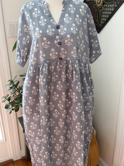 Gray and White Floral Dress With Pockets Summer Women Clothing - Hand Block Print Cotton Dress For Beach Vacation - Button Down Casual Dress
