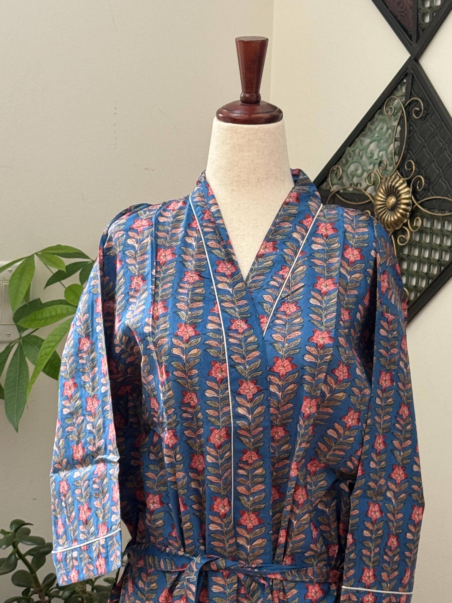 Boho Morning Kimono Robe Block Print Cotton -  Indian Vacation Robe Best Beach Cover Up Summer Womens Clothing - Spa Bathrobe or House Coat
