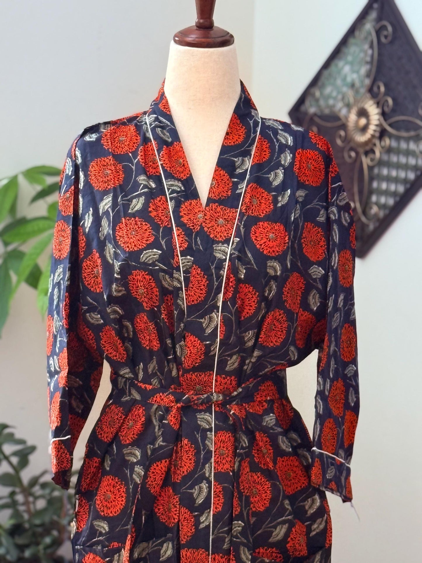 Boho Morning Kimono Robe Block Print Cotton -  Indian Vacation Robe Best Beach Cover Up Summer Womens Clothing - Spa Bathrobe or House Coat