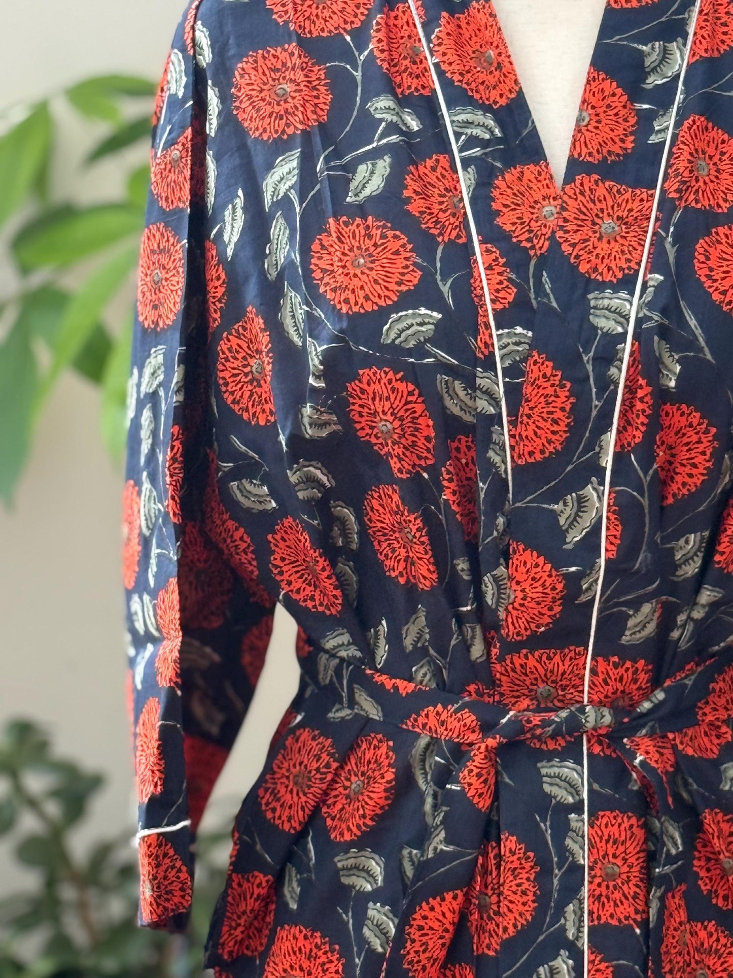 Boho Morning Kimono Robe Block Print Cotton -  Indian Vacation Robe Best Beach Cover Up Summer Womens Clothing - Spa Bathrobe or House Coat