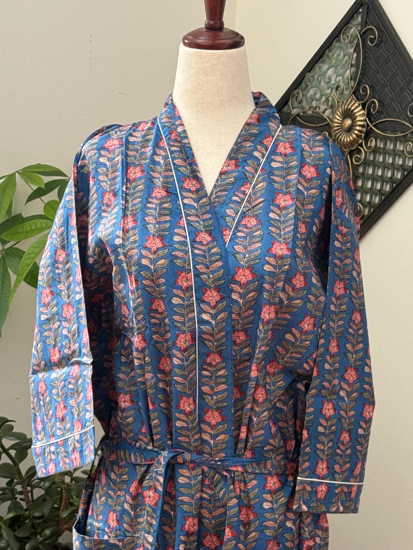 Boho Morning Kimono Robe Block Print Cotton -  Indian Vacation Robe Best Beach Cover Up Summer Womens Clothing - Spa Bathrobe or House Coat