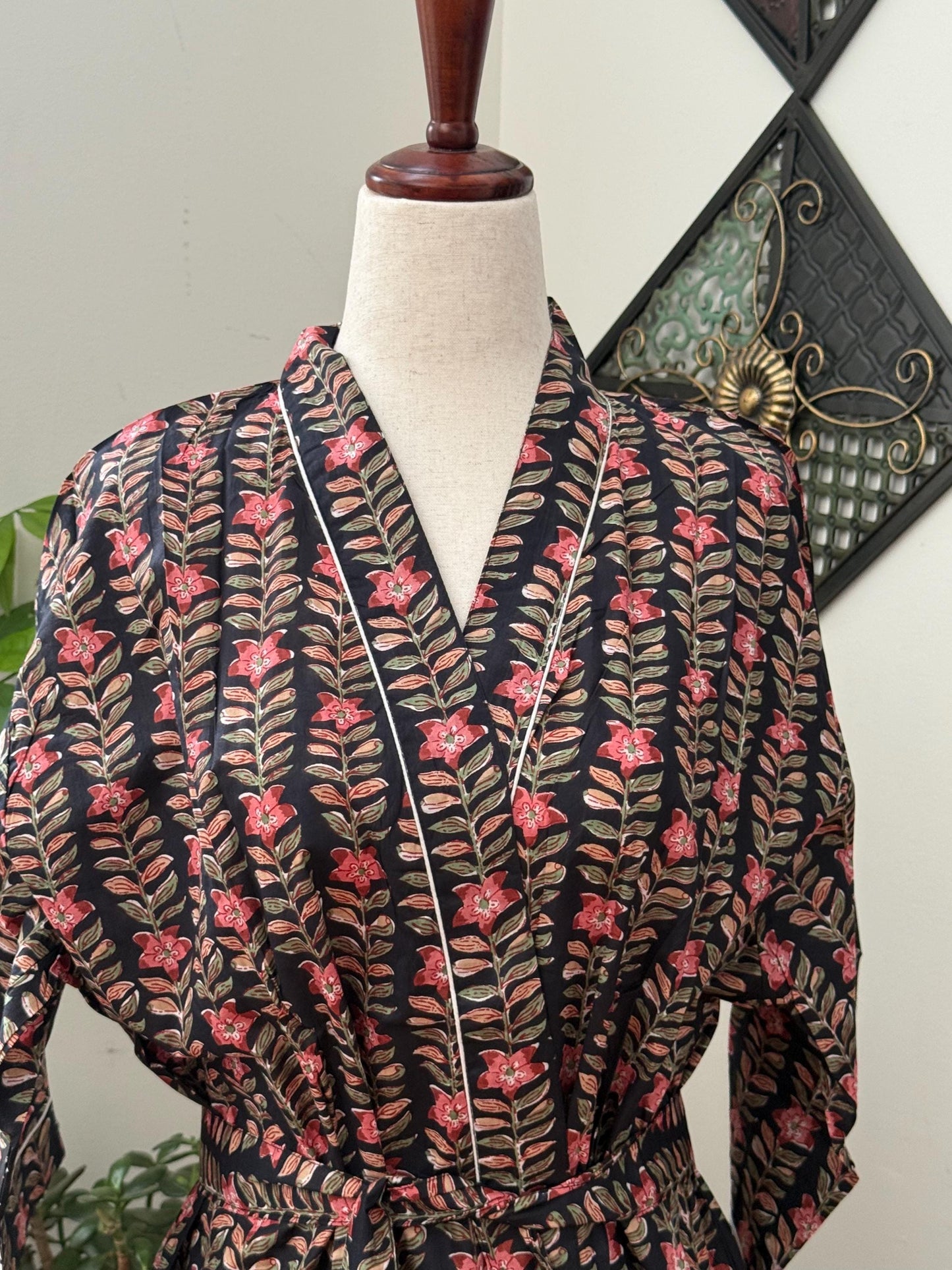 Boho Morning Kimono Robe Block Print Cotton -  Indian Vacation Robe Best Beach Cover Up Summer Womens Clothing - Spa Bathrobe or House Coat