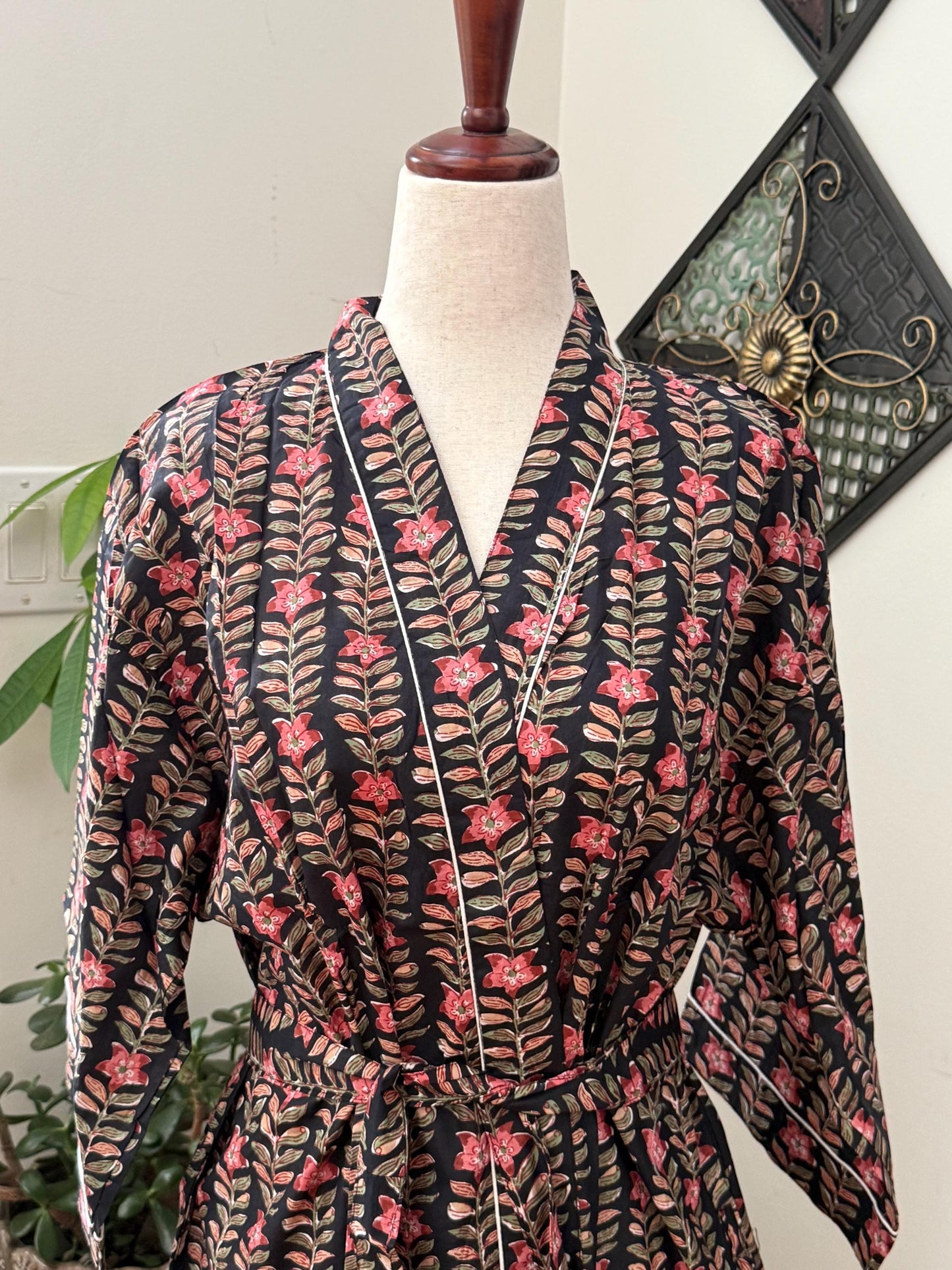 Boho Morning Kimono Robe Block Print Cotton -  Indian Vacation Robe Best Beach Cover Up Summer Womens Clothing - Spa Bathrobe or House Coat