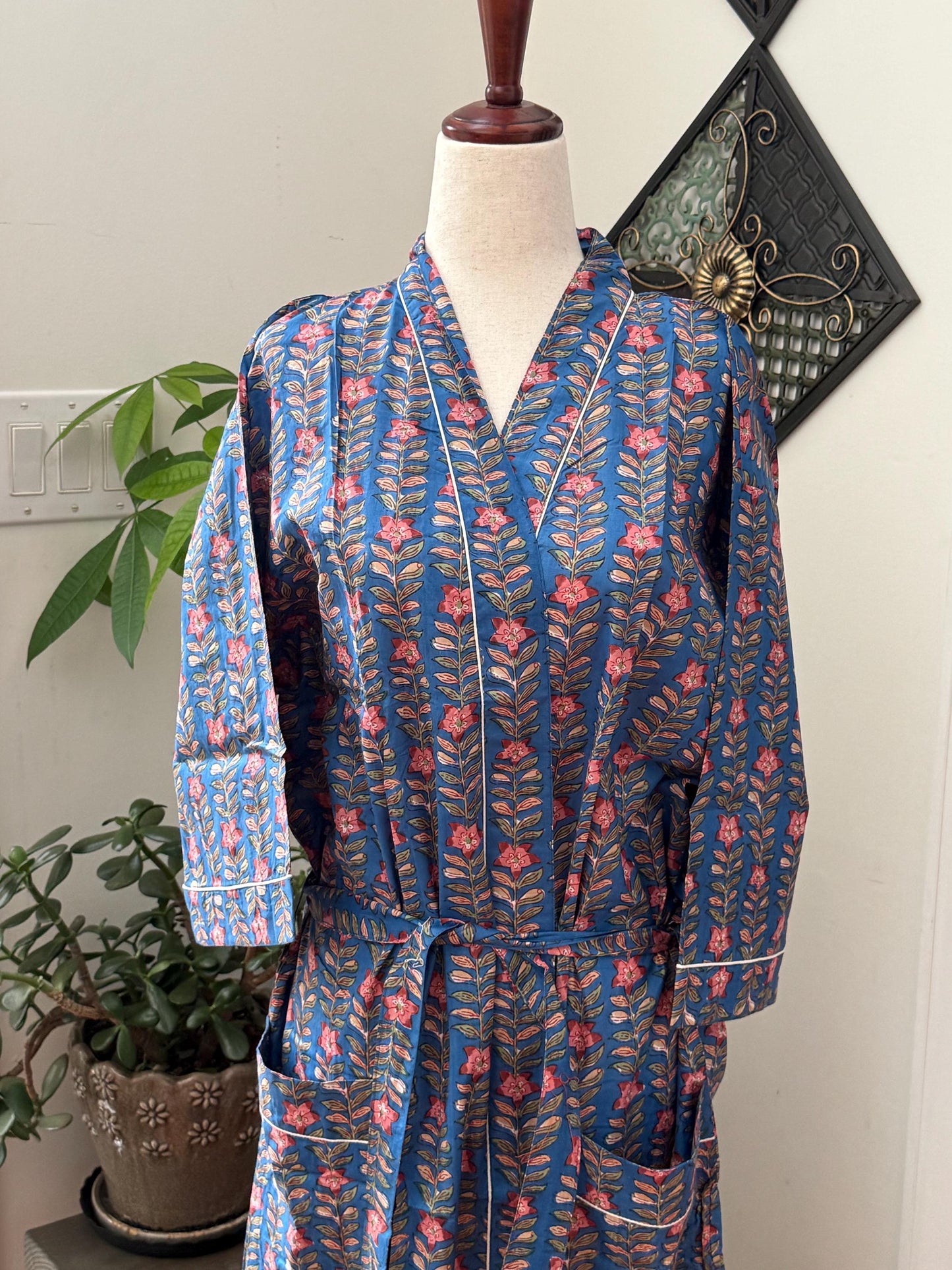 Boho Morning Kimono Robe Block Print Cotton -  Indian Vacation Robe Best Beach Cover Up Summer Womens Clothing - Spa Bathrobe or House Coat