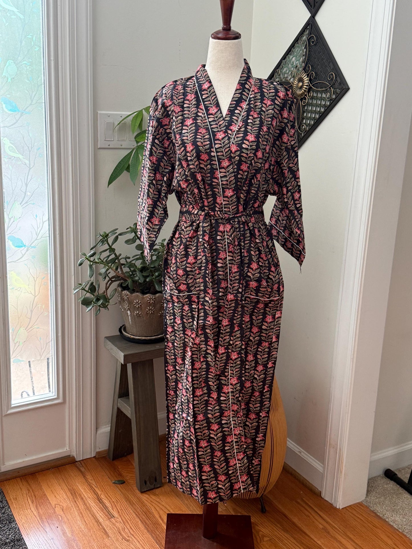 Boho Morning Kimono Robe Block Print Cotton -  Indian Vacation Robe Best Beach Cover Up Summer Womens Clothing - Spa Bathrobe or House Coat