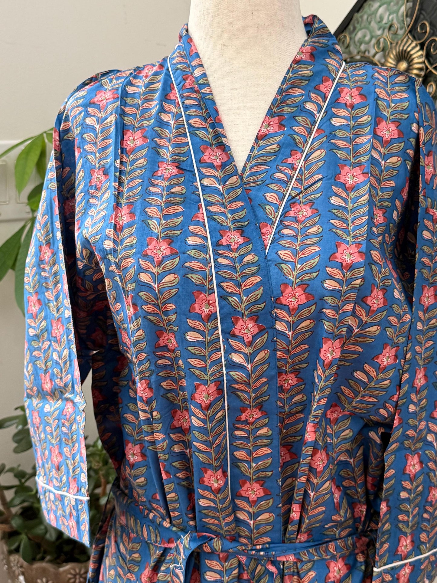 Boho Morning Kimono Robe Block Print Cotton -  Indian Vacation Robe Best Beach Cover Up Summer Womens Clothing - Spa Bathrobe or House Coat