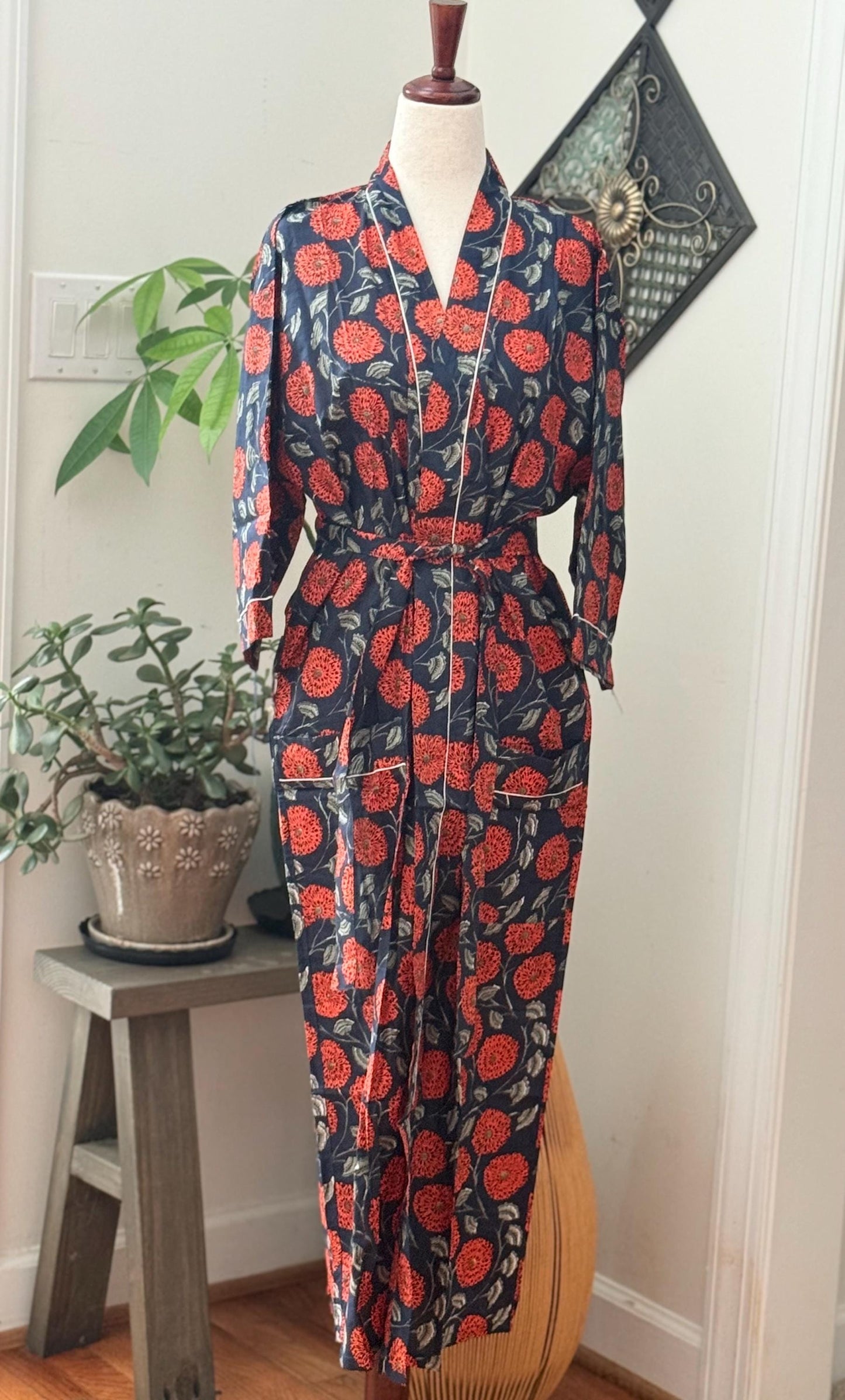 Boho Morning Kimono Robe Block Print Cotton -  Indian Vacation Robe Best Beach Cover Up Summer Womens Clothing - Spa Bathrobe or House Coat