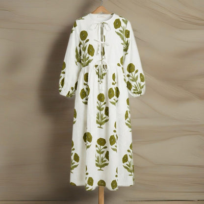 Green Floral Block Print Dresses For Women - Cotton Maxi Summer Dress Boho Women Clothing -Loose Flowy Sundress For Garden Party or Vacation