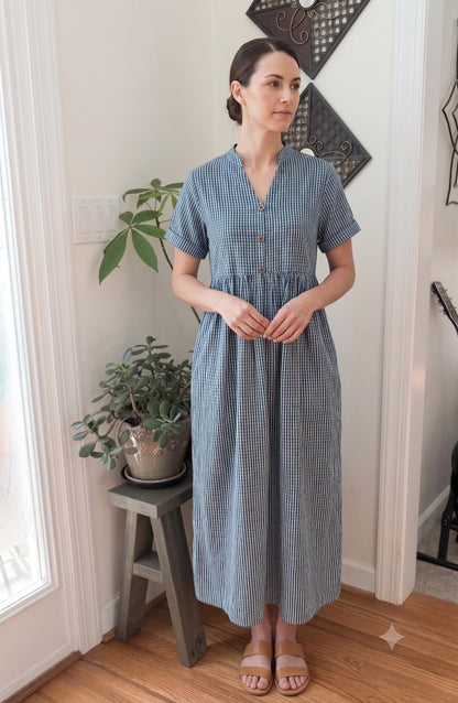 Blue Cotton Stripes Summer Dress for Women  - Mock Button Front with Pockets on both sides Cotton Dresses For Women - Boho Vacation Outfit