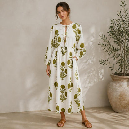 Green Floral Block Print Dresses For Women - Cotton Maxi Summer Dress Boho Women Clothing -Loose Flowy Sundress For Garden Party or Vacation