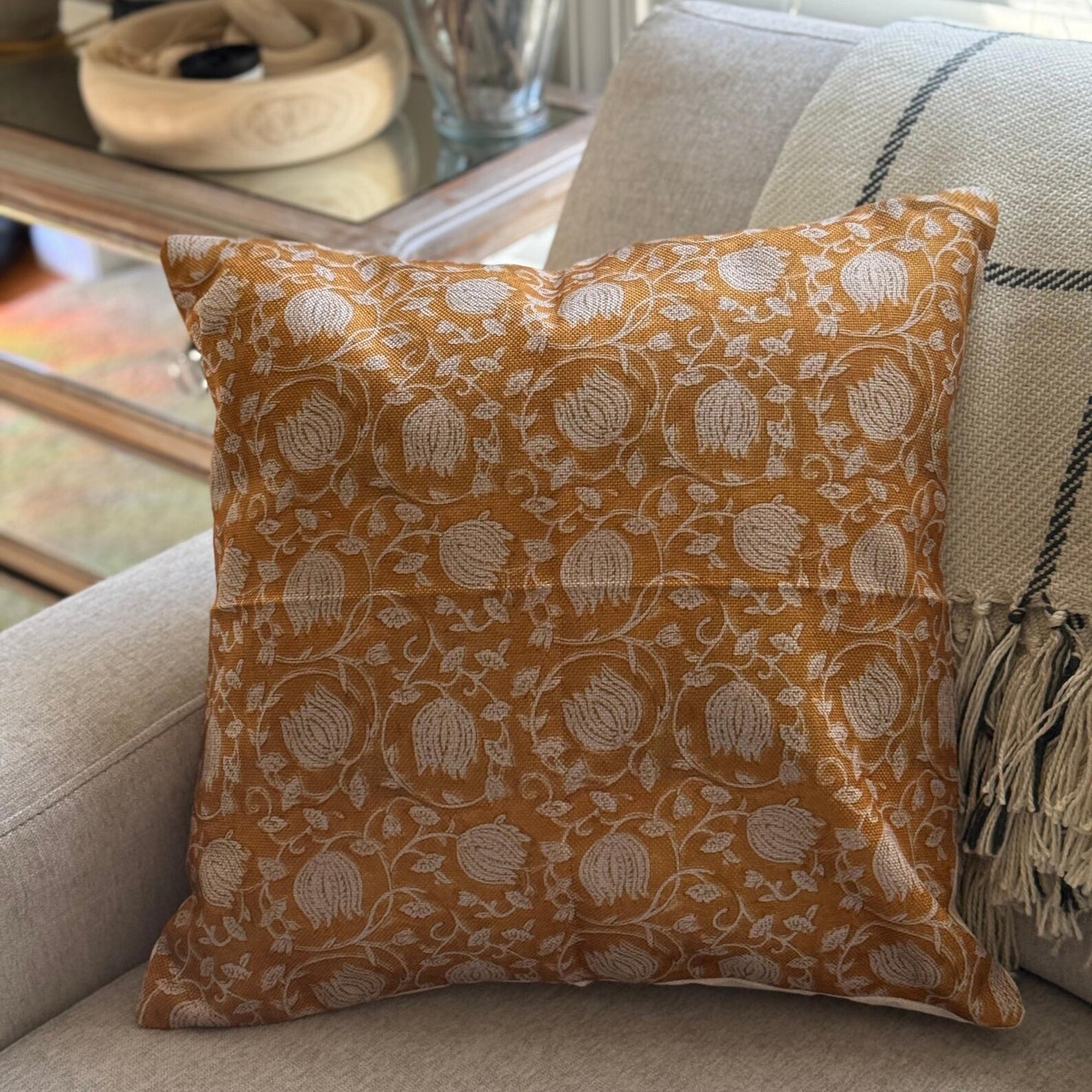 Floral Block Print Linen Pillow Cover, Farmhouse Decor